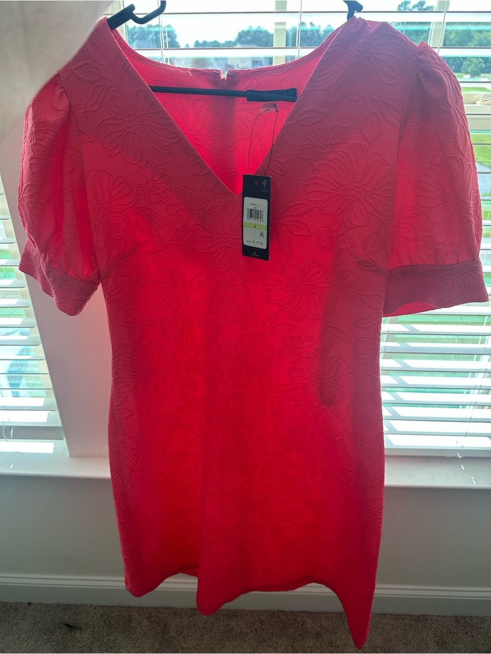 Tommy Hilfiger Coral Pink V-Neck Floral Jacquard Puff Sleeve Tunic